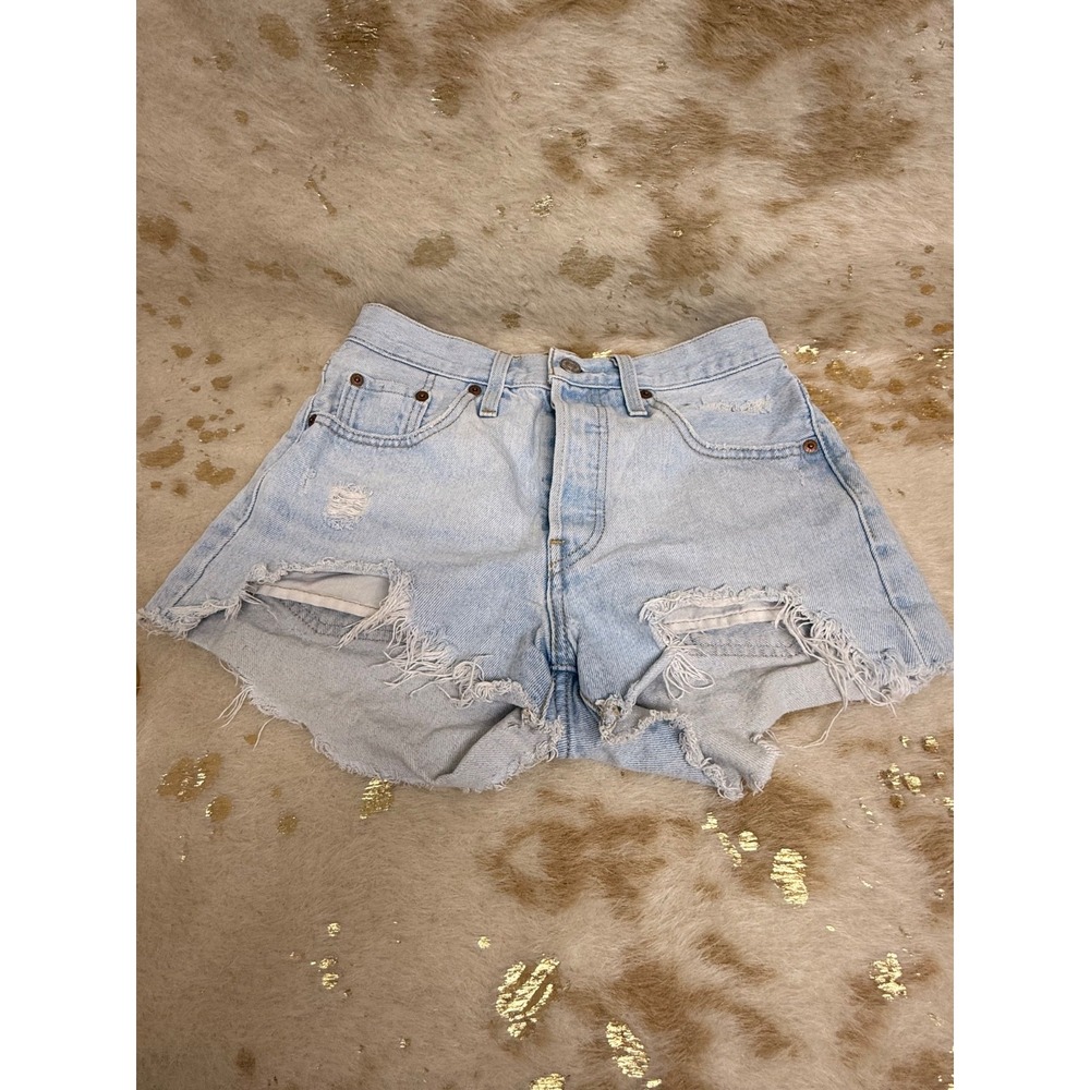Levi's Lt Wash Blue Distressed Denim 501‎ Original Fit Button Shorts Women's 25